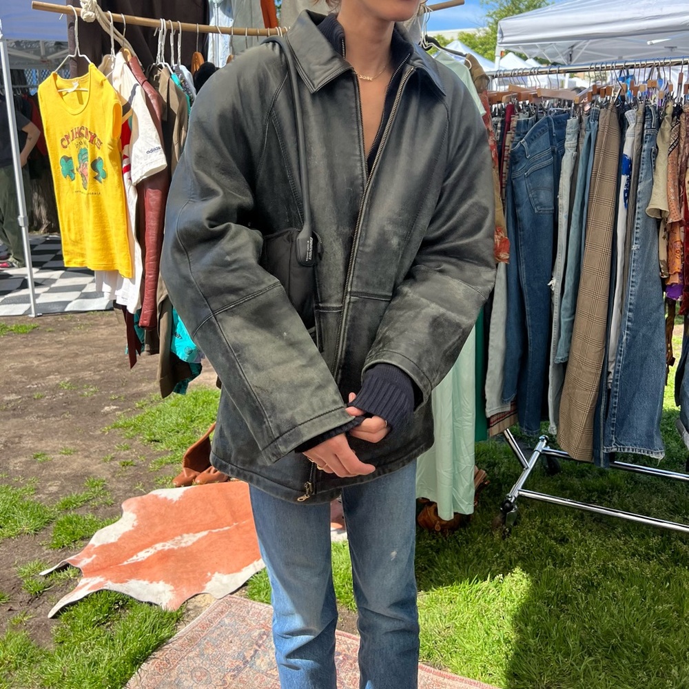 Oversized black vintage leather jacket